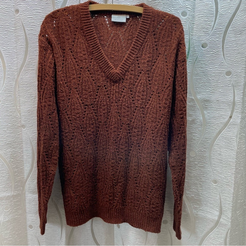 KAFFE Women's Brown V Neck Long Sleeve Knit Sweater Size L‎